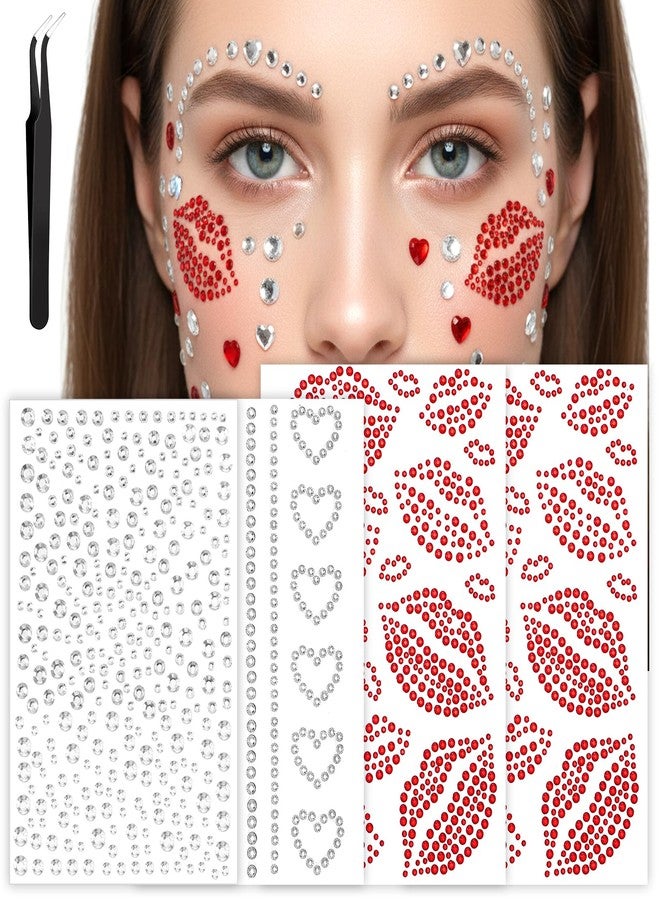 Macuezu 4 Sheets Lip Face Rhinestone Stickers with Tweezers, Face Gems for Women with Red Lip Gems, Self-Adhesive Faces Jewels for Makeup, Party, Music Festival, Kiss Jewels Red Rhinestone Stickers - Image 2
